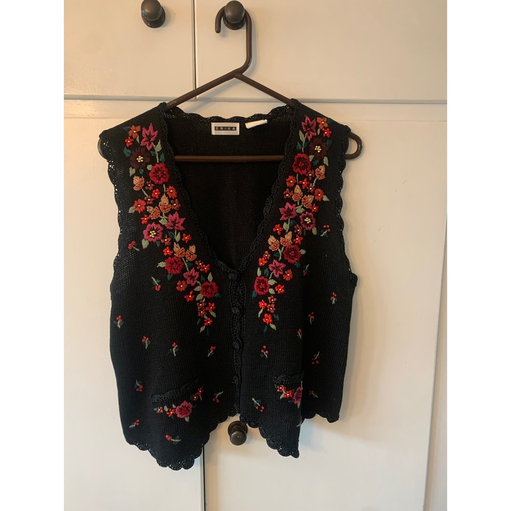 Erika Black Knit Vest with Red & Pink Floral Embroidery